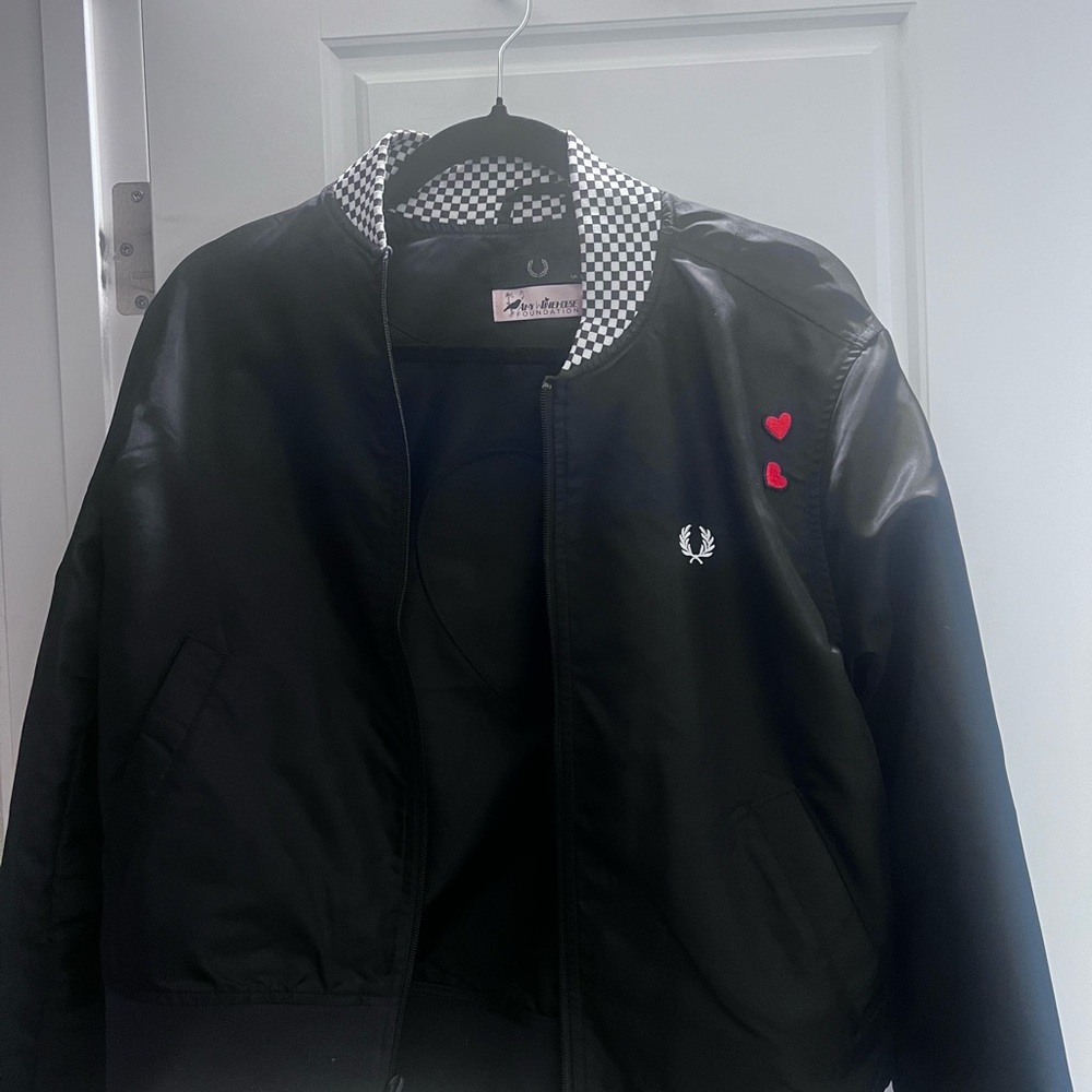Fred Perry Black Bomber Jacket with Red Heart Accents - Picture 1 of 3